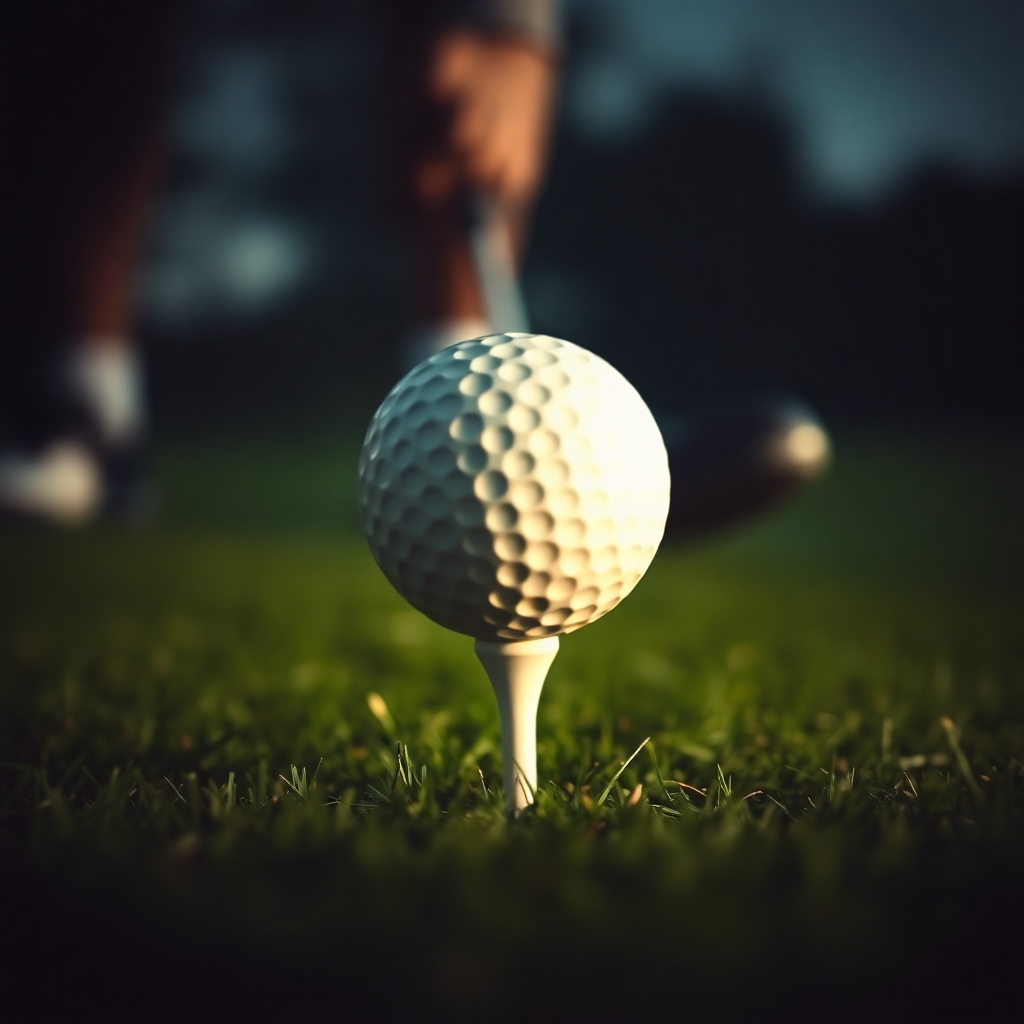 A close-up of a golf ball on a tee, sharp and in focus, with the background slightly blurred to emphasize concentration.