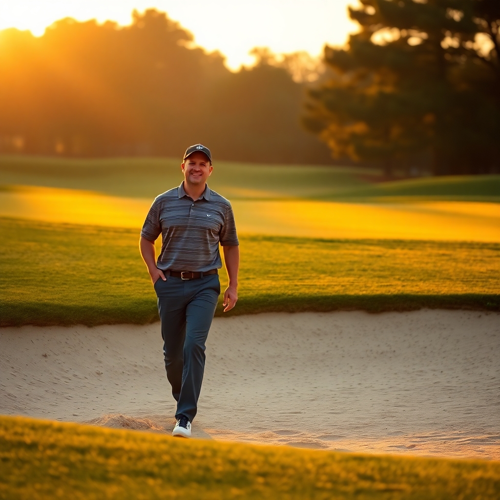 A golfer walking away from a sand trap with a smile, representing resilience and overcoming life’s challenges