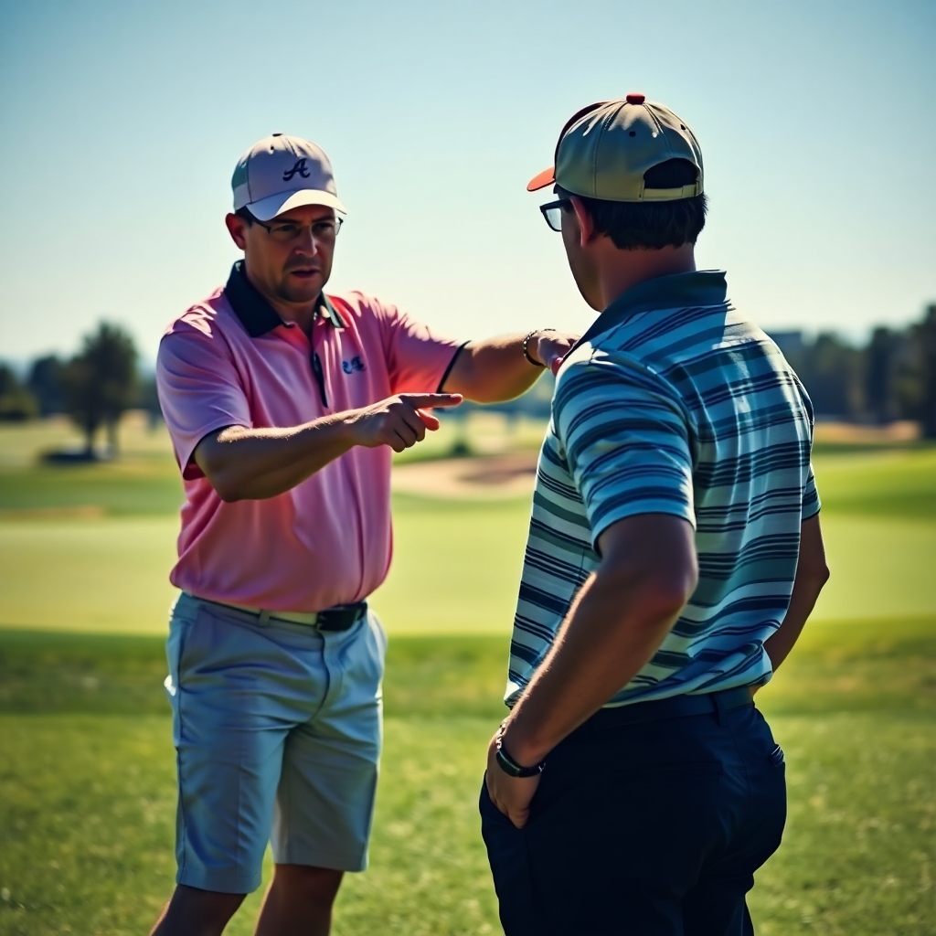 A coach and golfer on the course, emphasizing encouragement and guidance toward a clear goal.