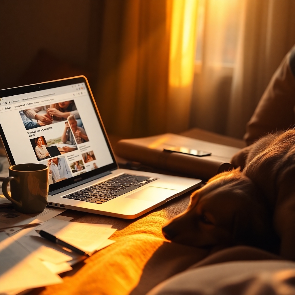 A laptop displaying a community page, surrounded by notes and a resting dog, symbolizing dedication to building a vision.