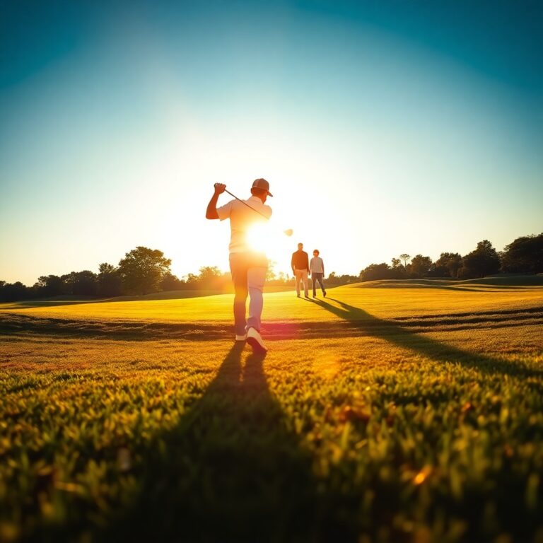 A peaceful golf course at sunrise with a golfer on the fairway and a family silhouette in the distance, symbolizing balance and connection across generations.