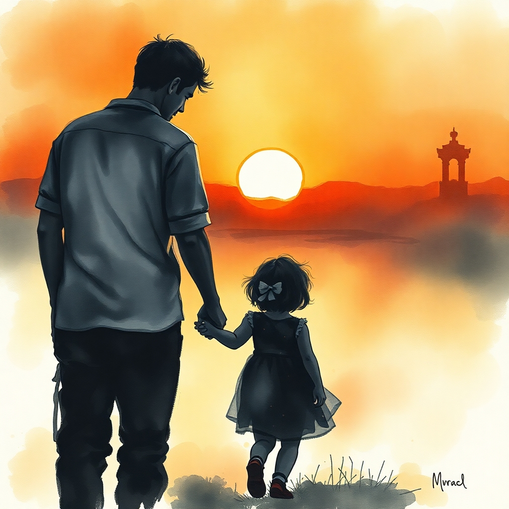 A father and daughter standing hand in hand at sunset, symbolizing a commitment to change and a brighter future.