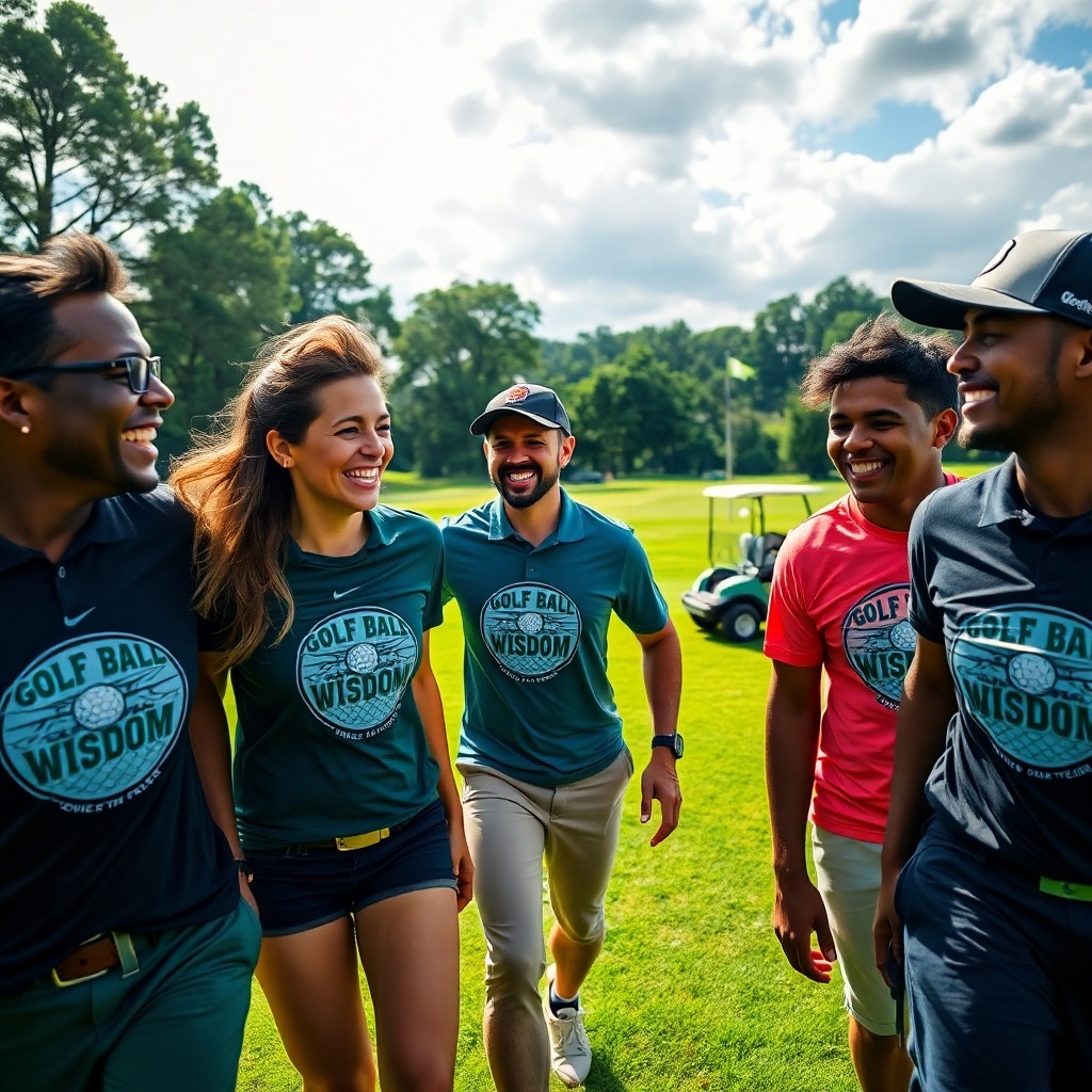 A group of people wearing Golf Ball Wisdom apparel on a golf course, symbolizing community and growth.