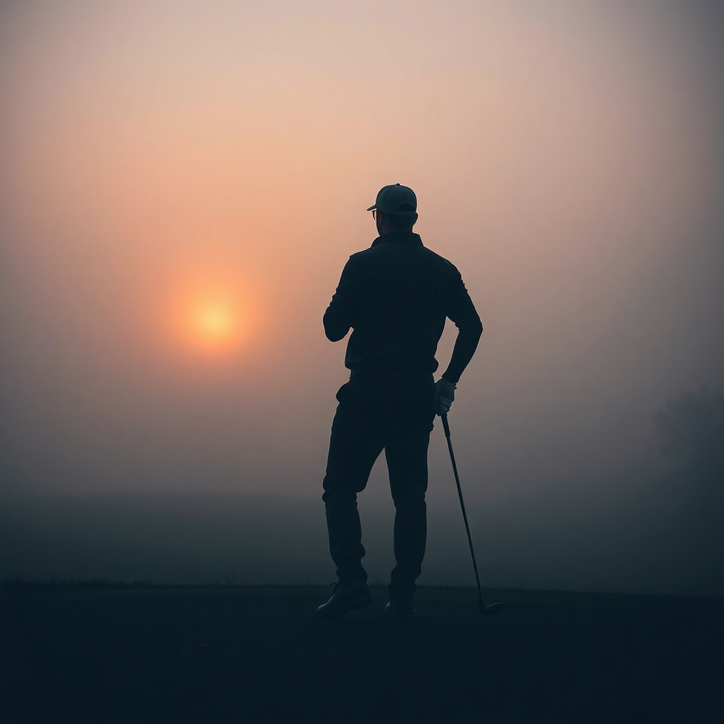 A golfer standing on a tee box at sunrise, symbolizing new beginnings and personal transformation.