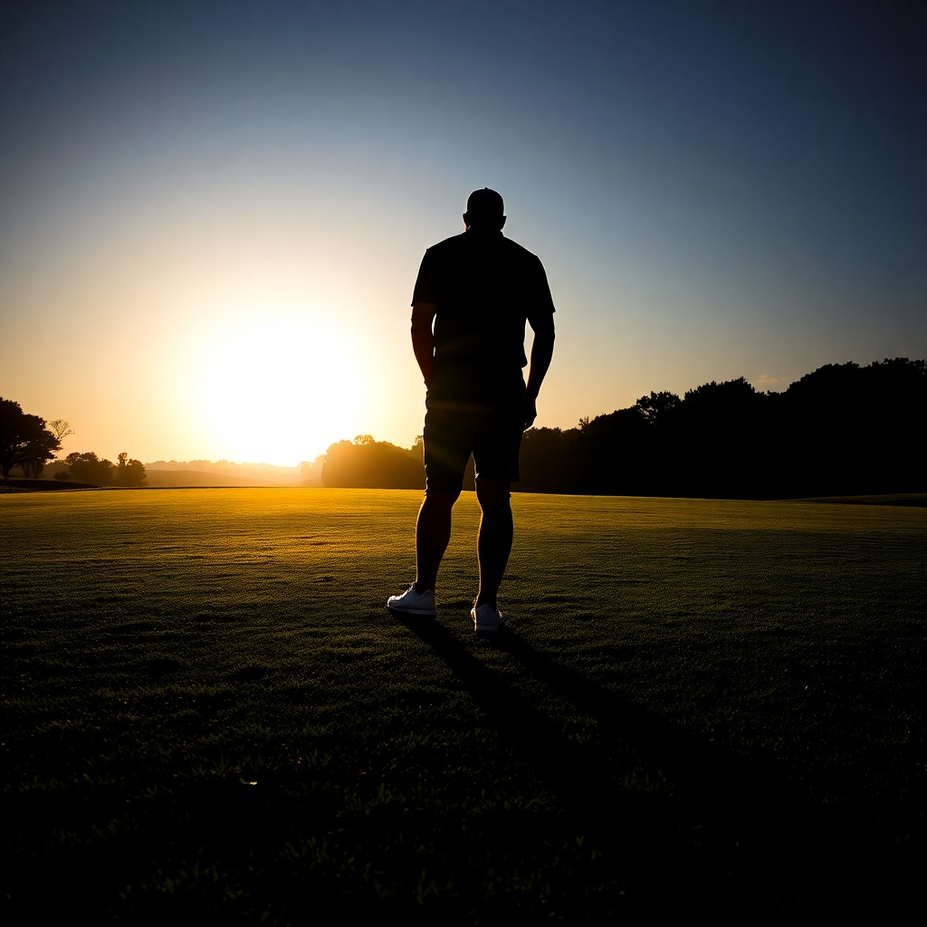 A golfer standing on a golf course at sunrise, symbolizing self-reflection and a fresh start.