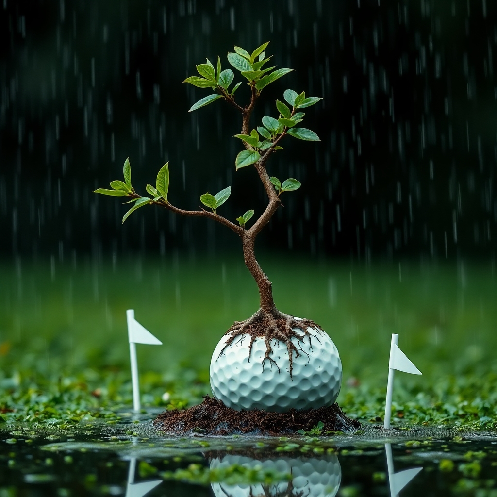 A tree growing from a golf ball, symbolizing shared vision and personal growth.