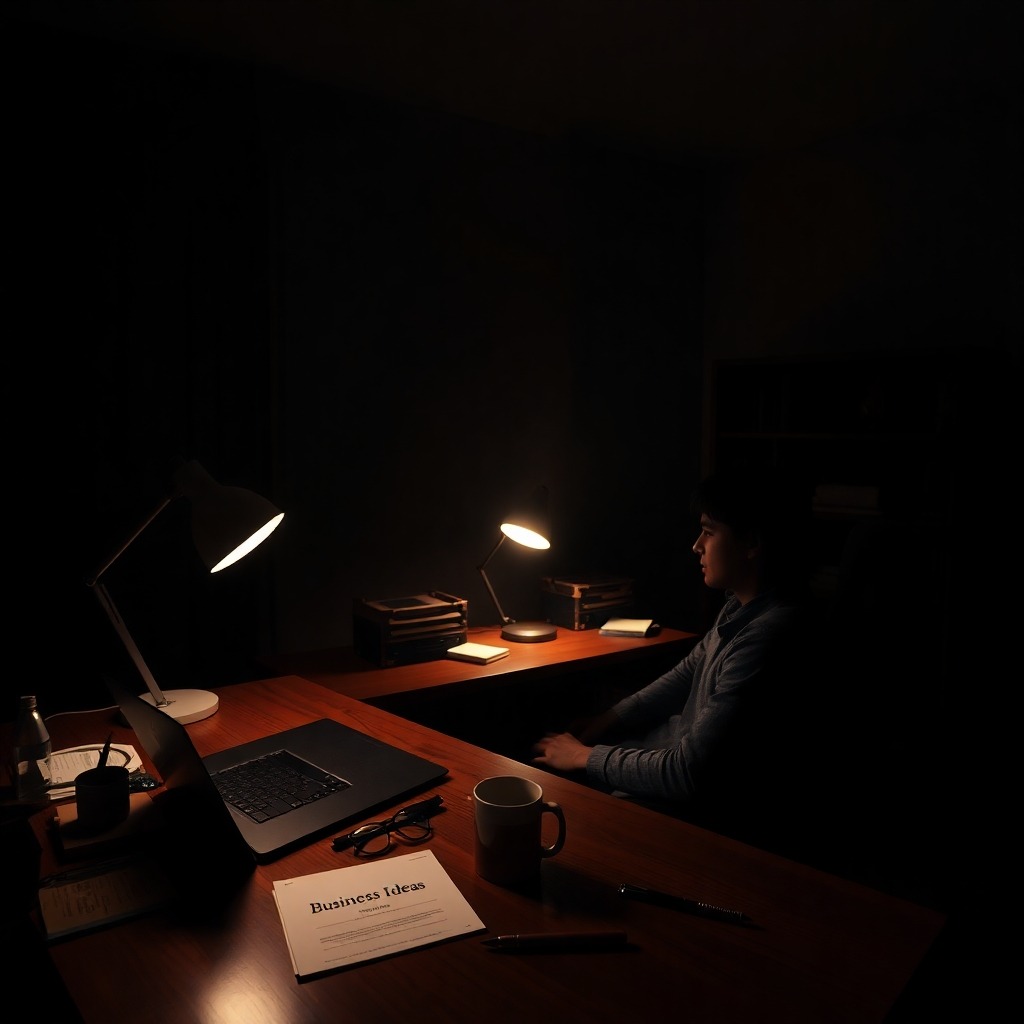 Late-night desk scene with a person brainstorming business ideas, inspired by golf