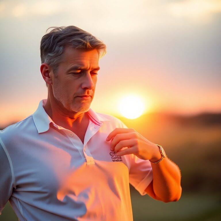 A confident individual putting on a stylish Golf Ball Wisdom golf shirt, ready to embrace the day.