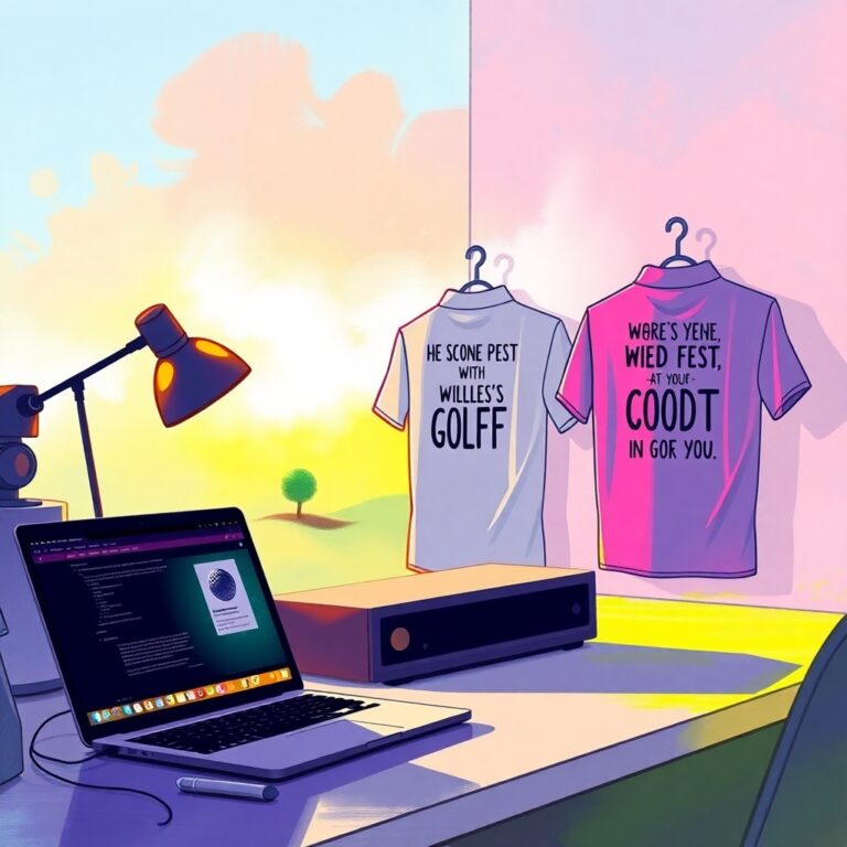 A stack of golf-inspired T-shirts and hoodies alongside a laptop with design software open