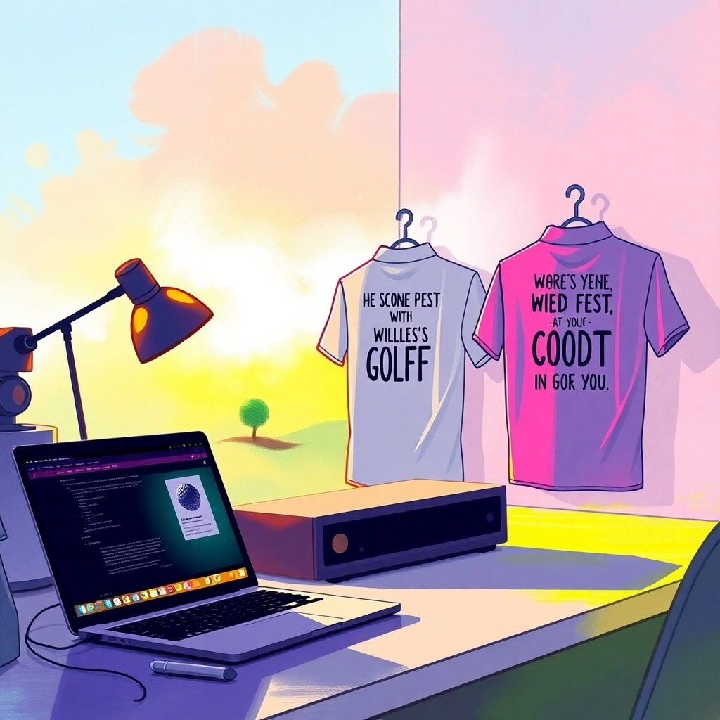 A stack of golf-inspired T-shirts and hoodies alongside a laptop with design software open