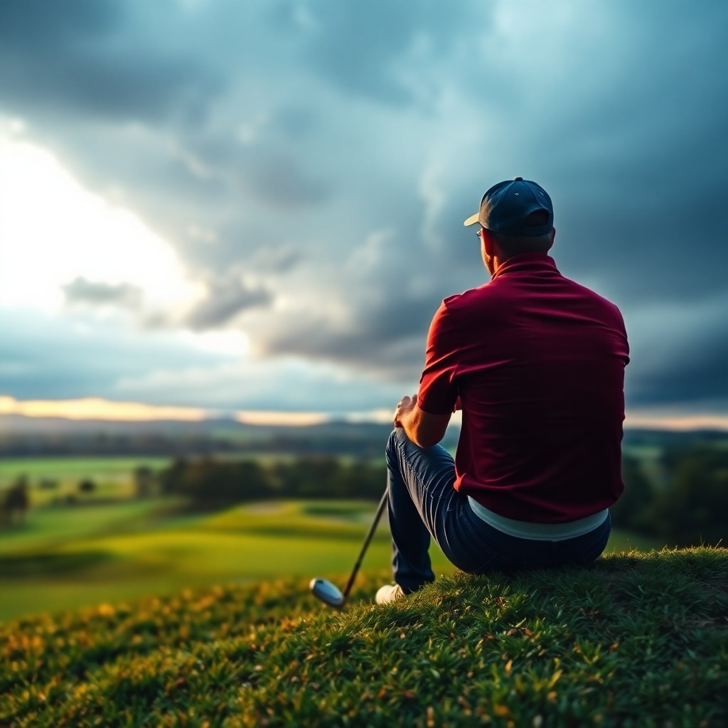 A golfer sitting on a hill at sunset, reflecting on the golf course below, symbolizing introspection and discovering one’s purpose.