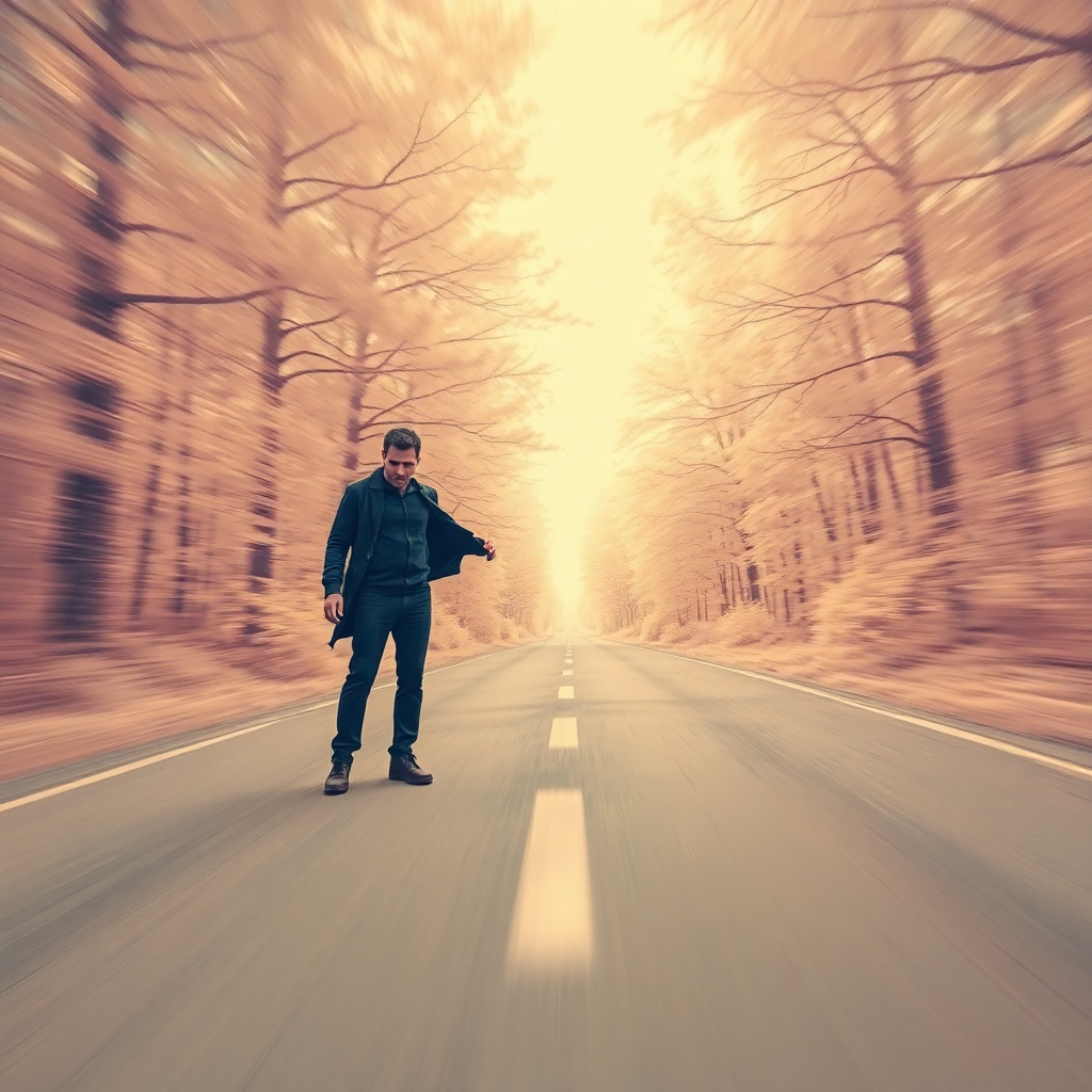 A man standing at the start of a long road, representing the beginning of a personal growth journey.