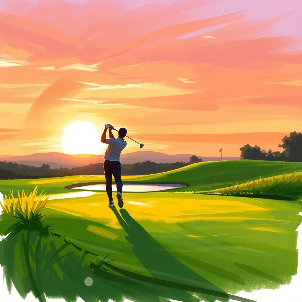 A golfer mid-swing on a course at sunset, symbolizing resilience and persistence.