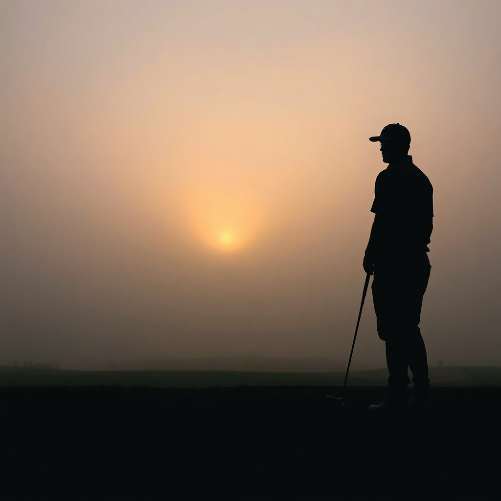 A lone golfer on a quiet course at sunrise, symbolizing perseverance and hope amidst uncertainty.