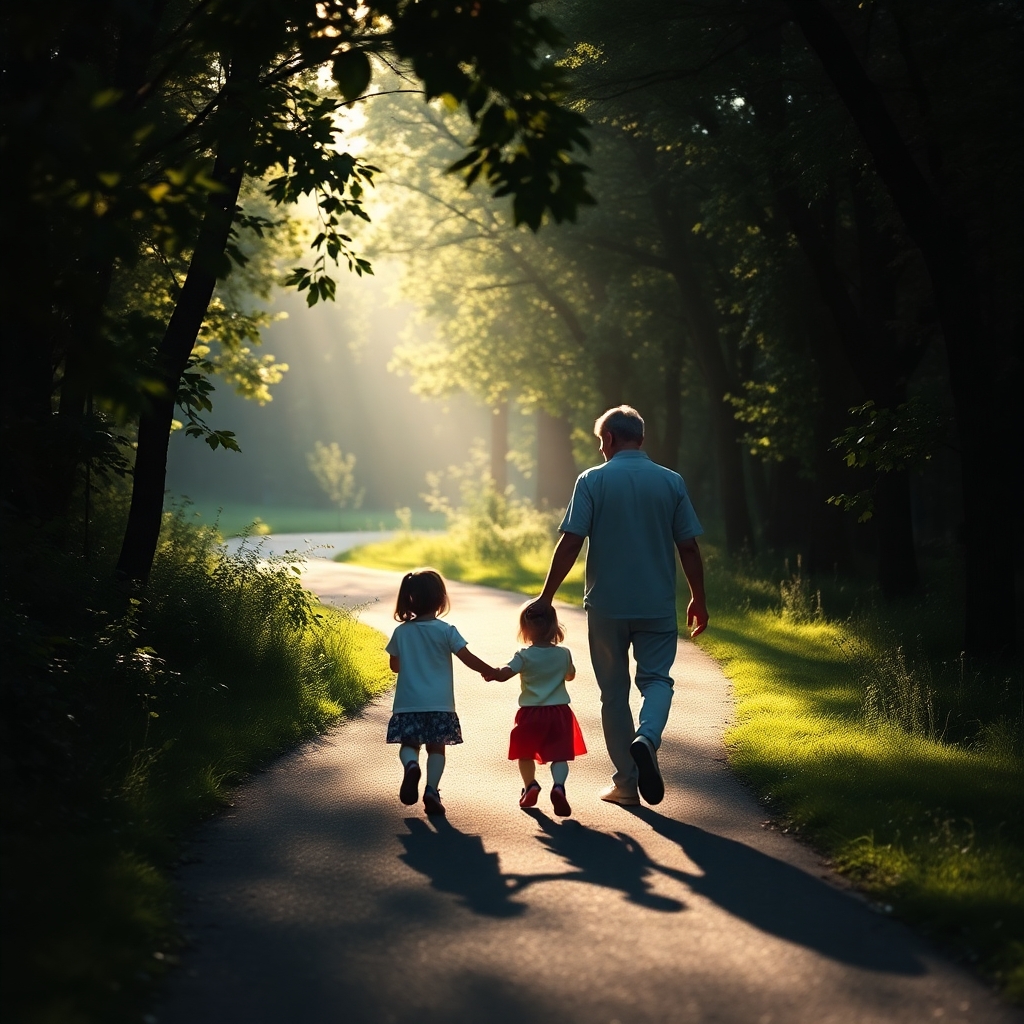 A parent walking with their children down a forest path, symbolizing resilience and the journey of life.