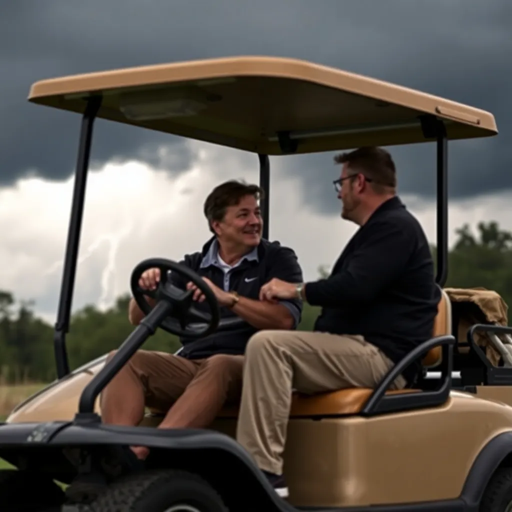 A golf mentor and student in conversation on a golf cart, symbolizing support, accountability, and personal growth.