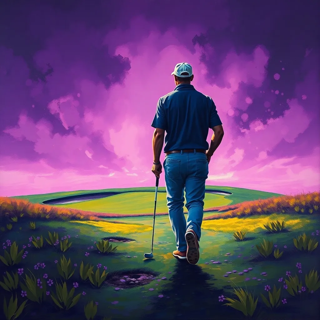 A golfer walking confidently to the next hole, leaving the past behind, symbolizing resilience.