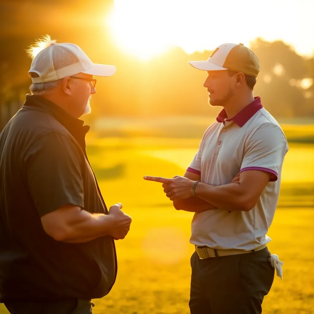 A golf coach giving personalized guidance to a golfer, emphasizing mindset and strategy for improvement.