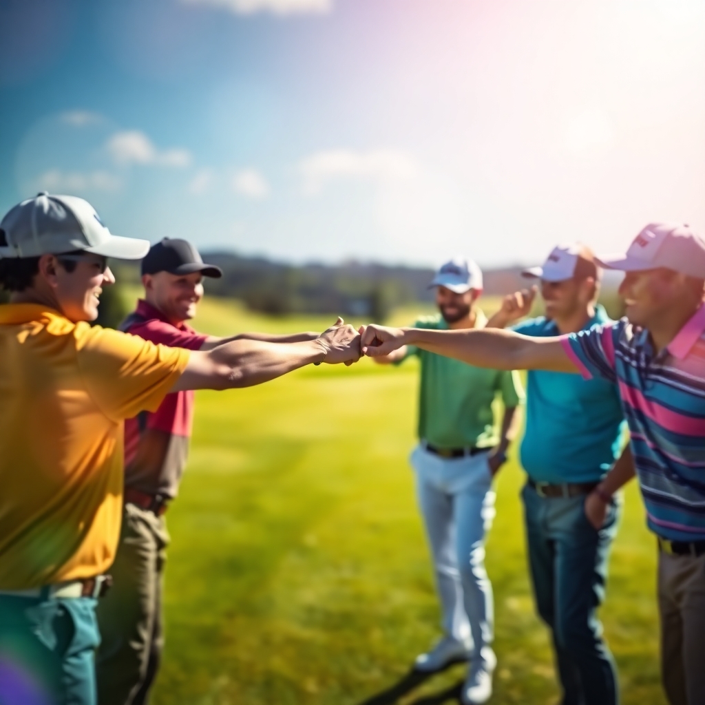 A group of men discussing life while walking the fairway, symbolizing camaraderie and support.