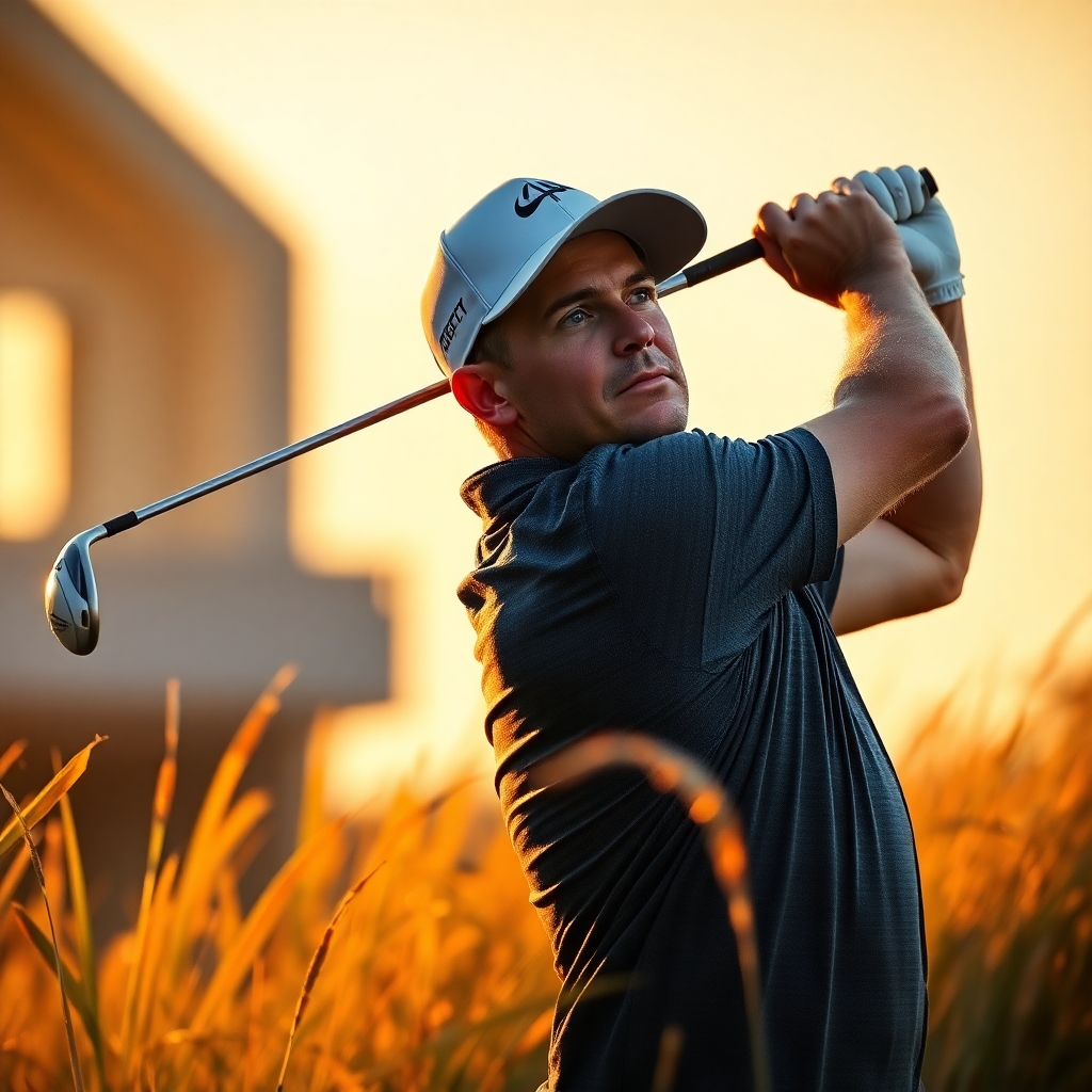 A golfer taking a confident swing from a tough spot, demonstrating resilience and No-Quit attitude