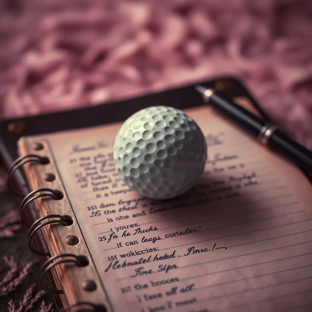 A worn golf ball placed on top of an aged notebook, signifying personal growth and self-reflection.