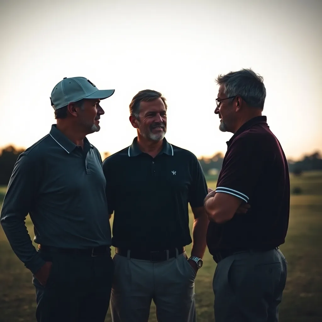 A group of men talking on the golf course, symbolizing emotional support and personal growth.