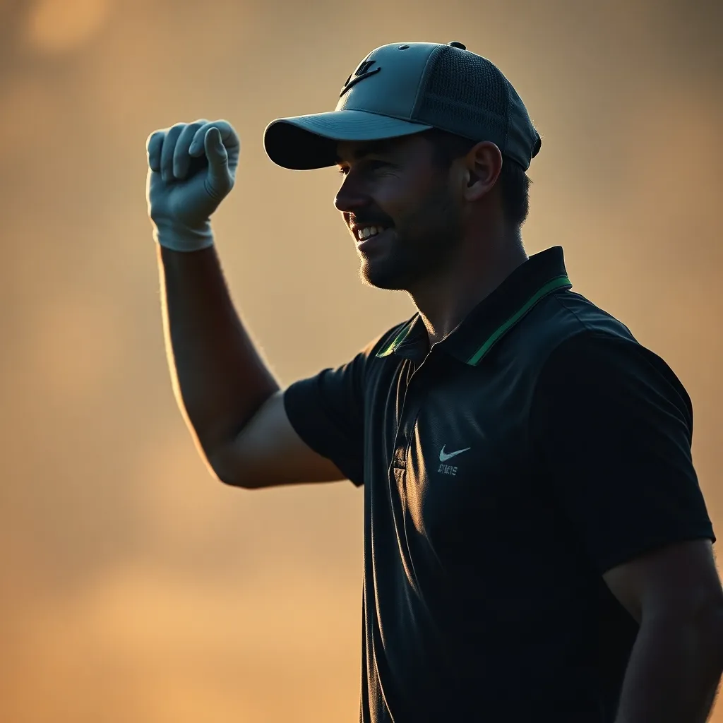 A golfer raising a fist in triumph after a well-placed shot, celebrating small victories