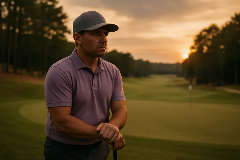 Middle-aged man in a purple polo and gray cap stands on a golf course at sunset, gripping a golf club with a contemplative expression, symbolizing the emotional weight and pressure of life’s pivotal moments—echoing Golf Ball Wisdom’s message of resilience and inner strength.
