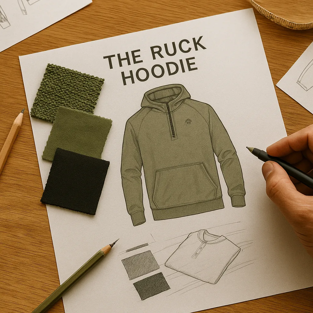 Collaborative design process showcasing fabric choices and sketches for The Ruck Hoodie.