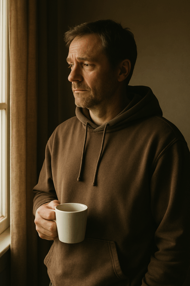 Man standing quietly at sunrise holding coffee, reflecting in silence before the day begins.