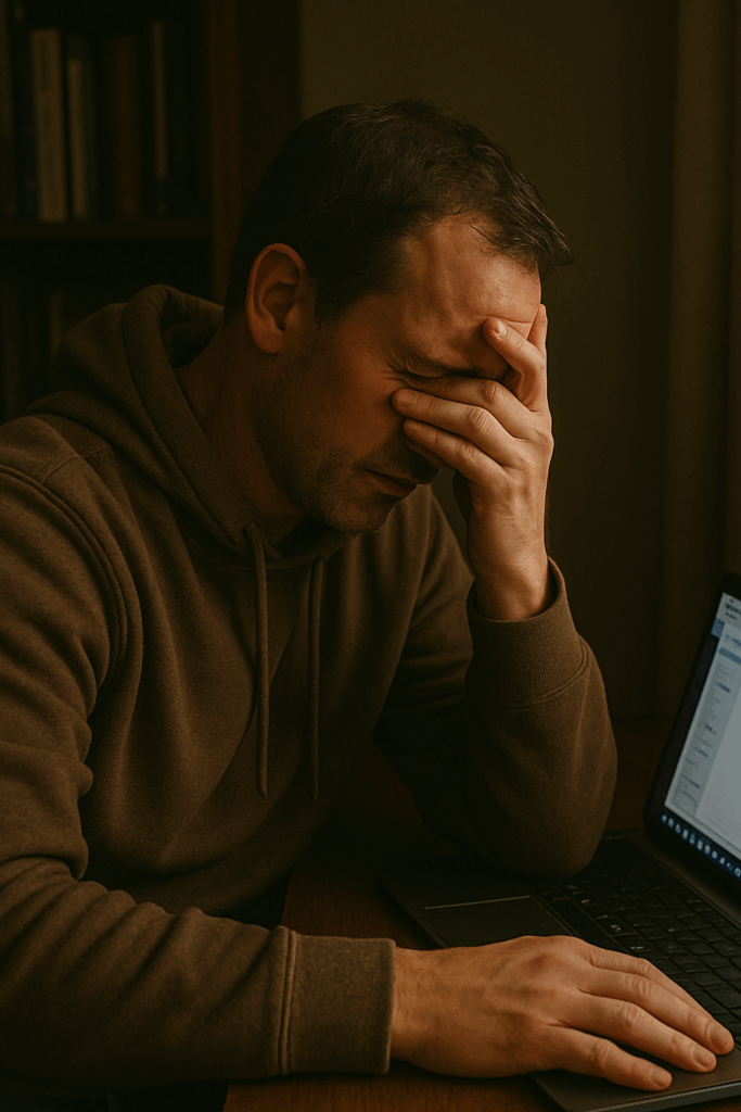 What it costs is A dimly lit workspace with a laptop, hoodie samples, and notes—symbolizing late-night work and invisible effort.
