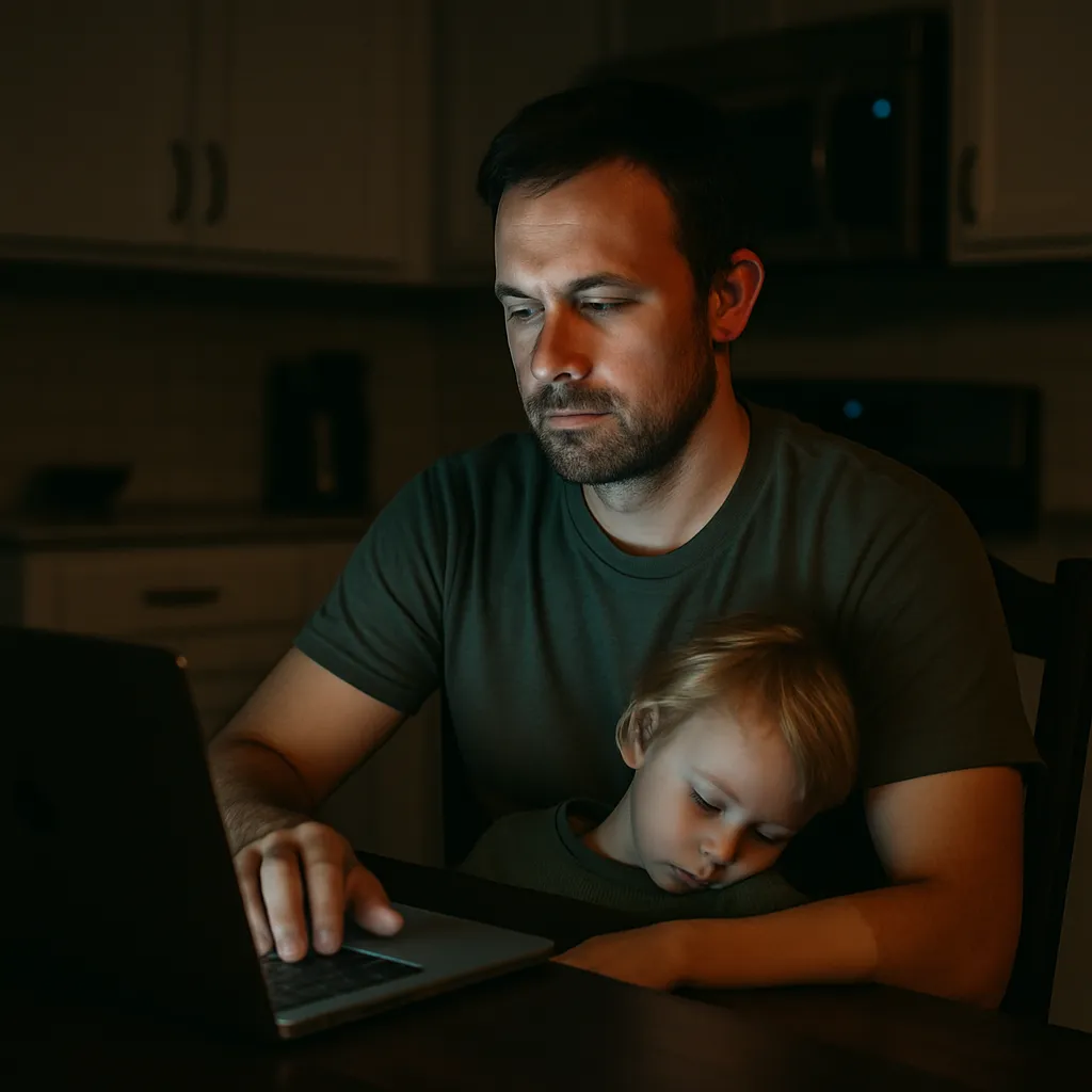 Parent working on brand after bedtime, showing resilience during quiet nights building something from scratch.