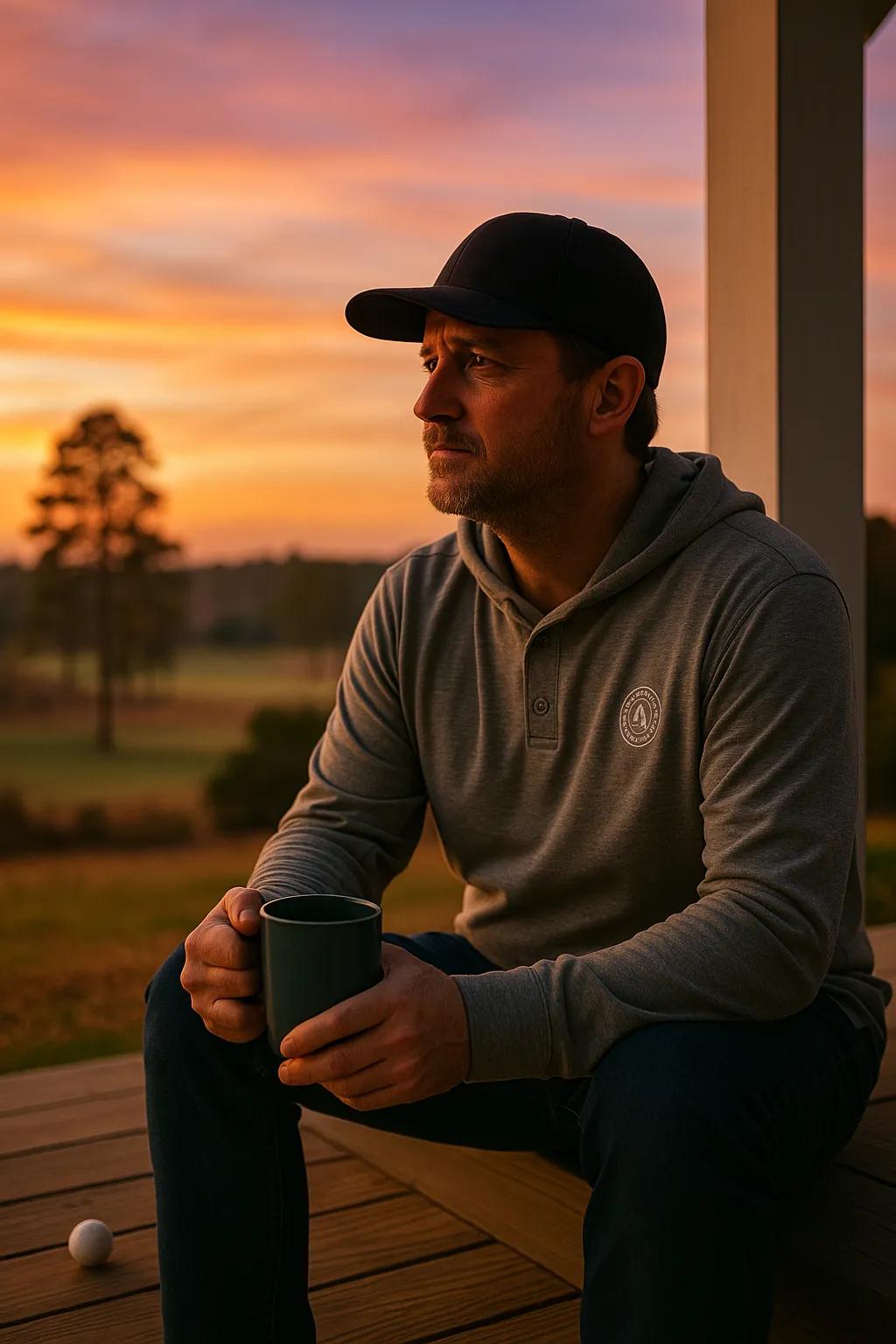 Man reflecting on porch at sunset, symbolizing Playing Through life's hazards and finding peace with Golf Ball Wisdom.