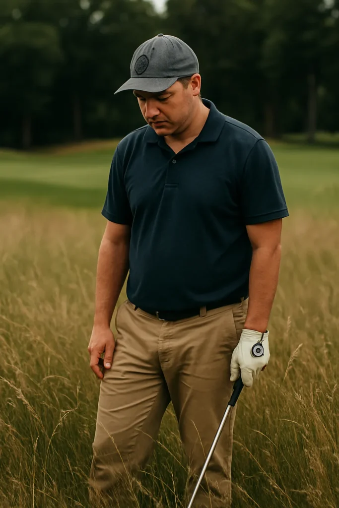 Jack standing in the rough on a golf course, club in hand, reflecting on the next move and where doubt lives.