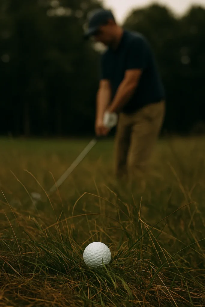 Golf ball nestled in difficult rough, symbolizing resilience and the need to play through challenges.