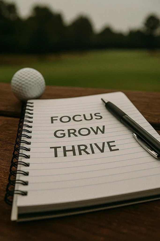 Notebook open with Golf Ball Wisdom coaching notes on focus, growth, and thriving.