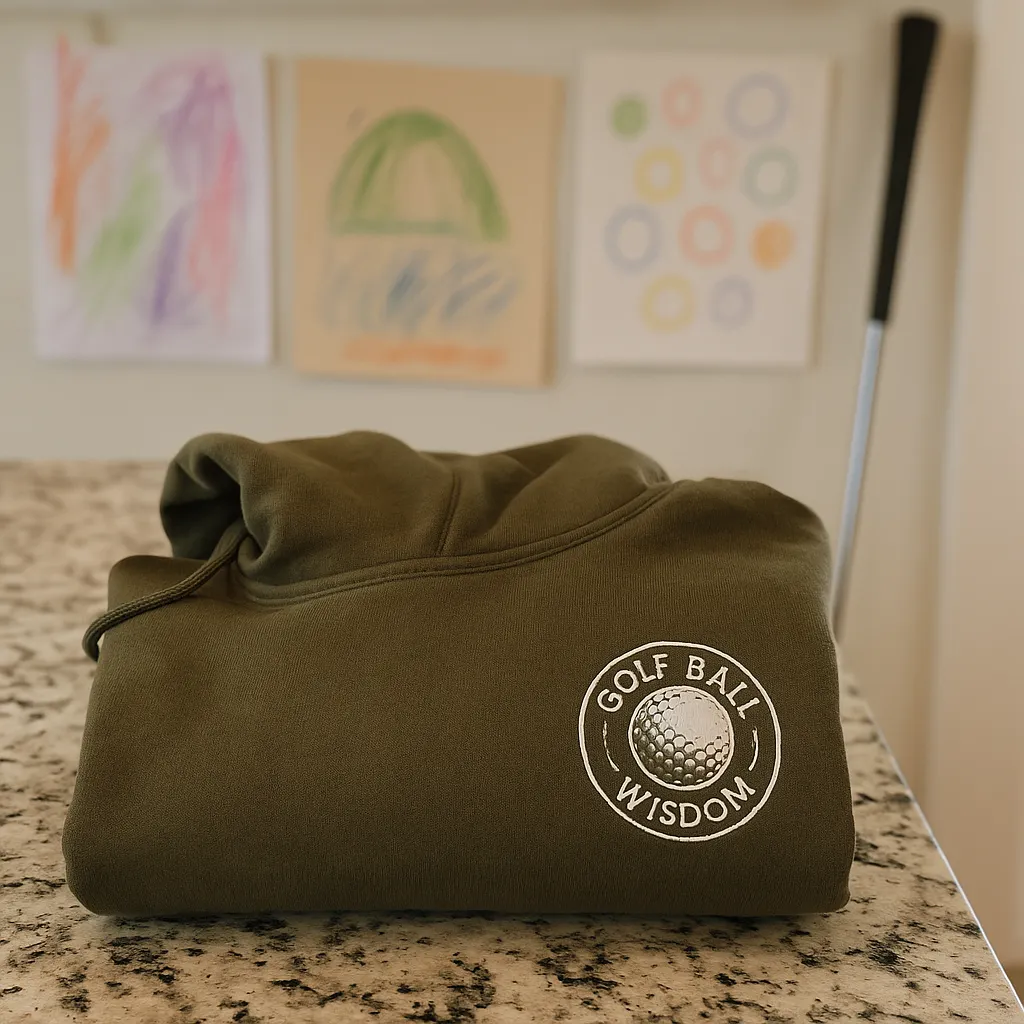 A Golf Ball Wisdom hoodie folded neatly on a counter, representing commitment to purpose and sustainable style.