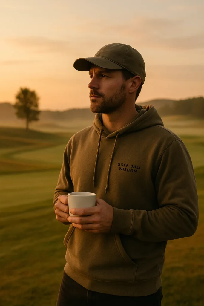 Man in Golf Ball Wisdom hoodie reflecting alone at sunrise on golf course, holding a coffee mug