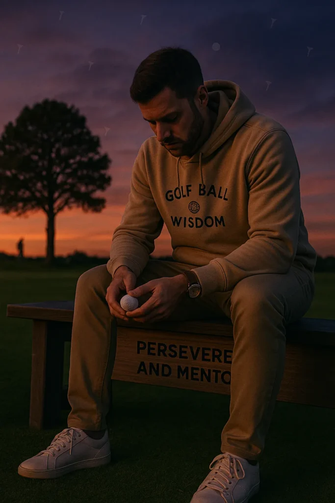 Man wearing Golf Ball Wisdom hoodie sitting on a golf bench at twilight, head bowed, holding a golf ball, symbolizing perseverance.