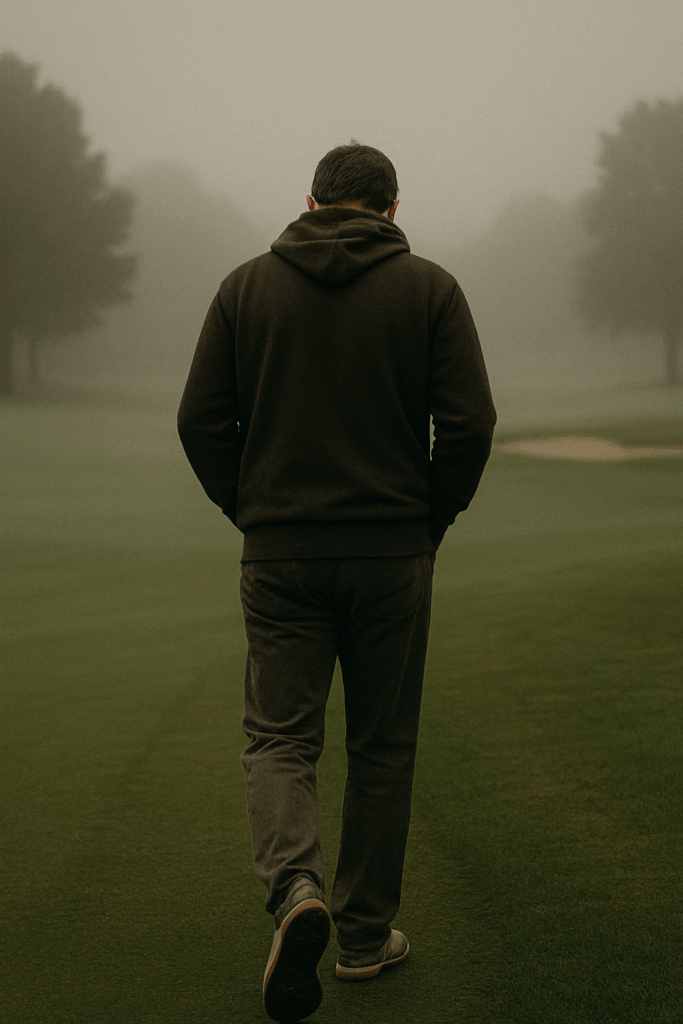 Man walking alone on a foggy golf fairway, symbolizing quiet persistence and emotional resilience