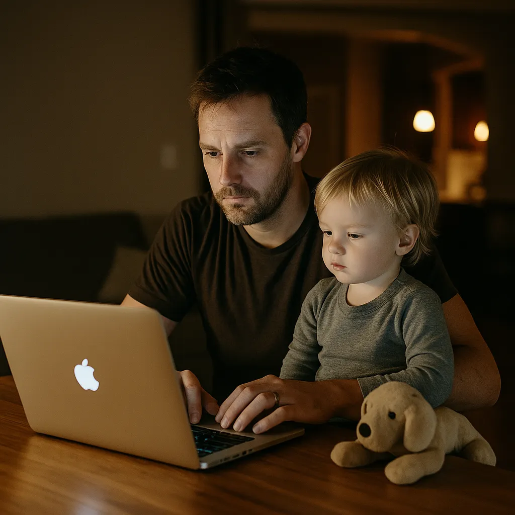 Parent showing resilience by working on brand with his son, a true resilient solo creator building meaning.