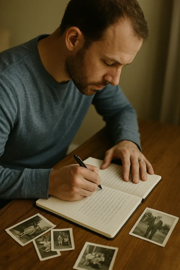 Father reflecting while journaling, with faded photos in view.