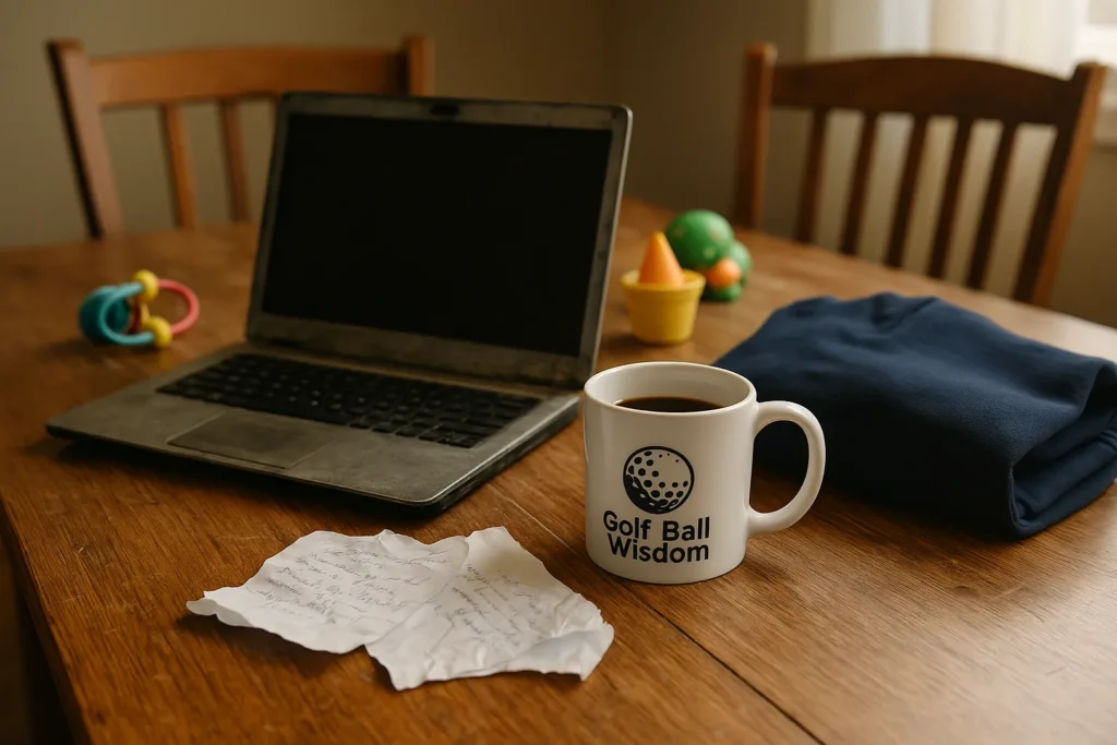 Old laptop surrounded by signs of daily dad life and golf inspiration.