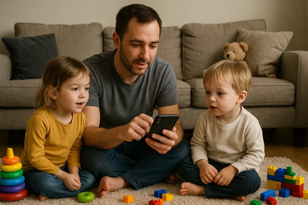 Father entertaining kids with a story on his phone in a messy living room.