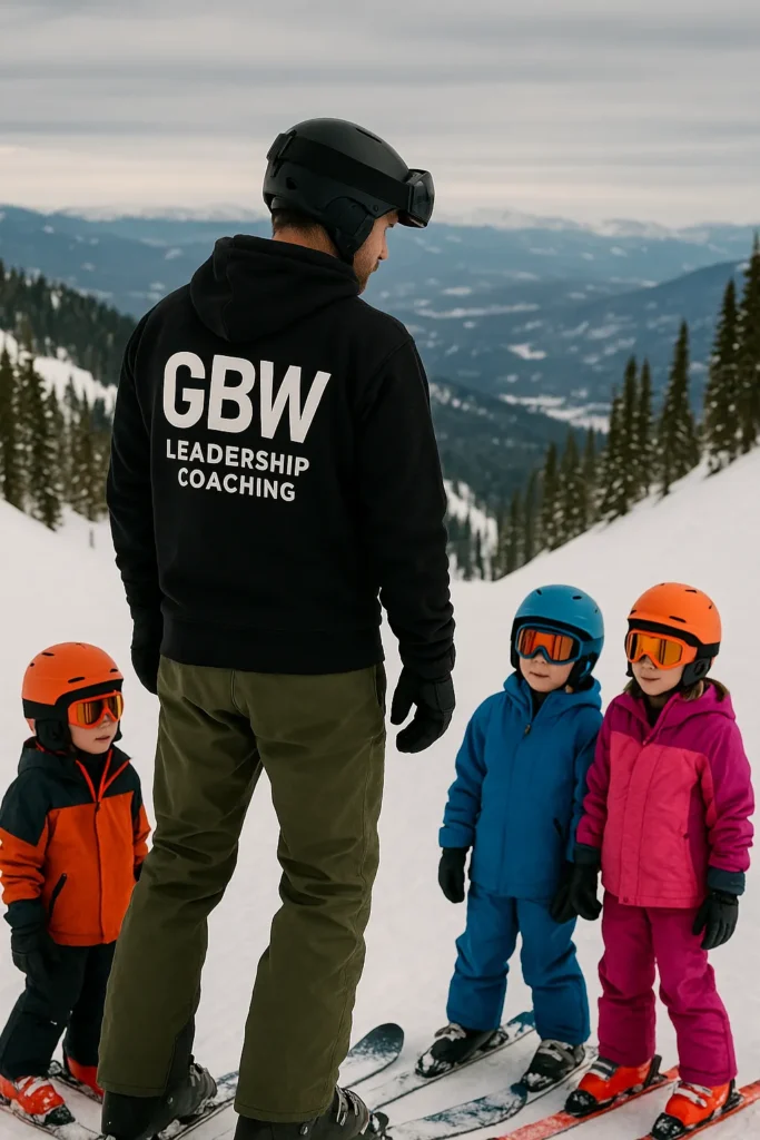 Ski instructor preparing to lead a group of children down the mountain. with purpose-driven leadership