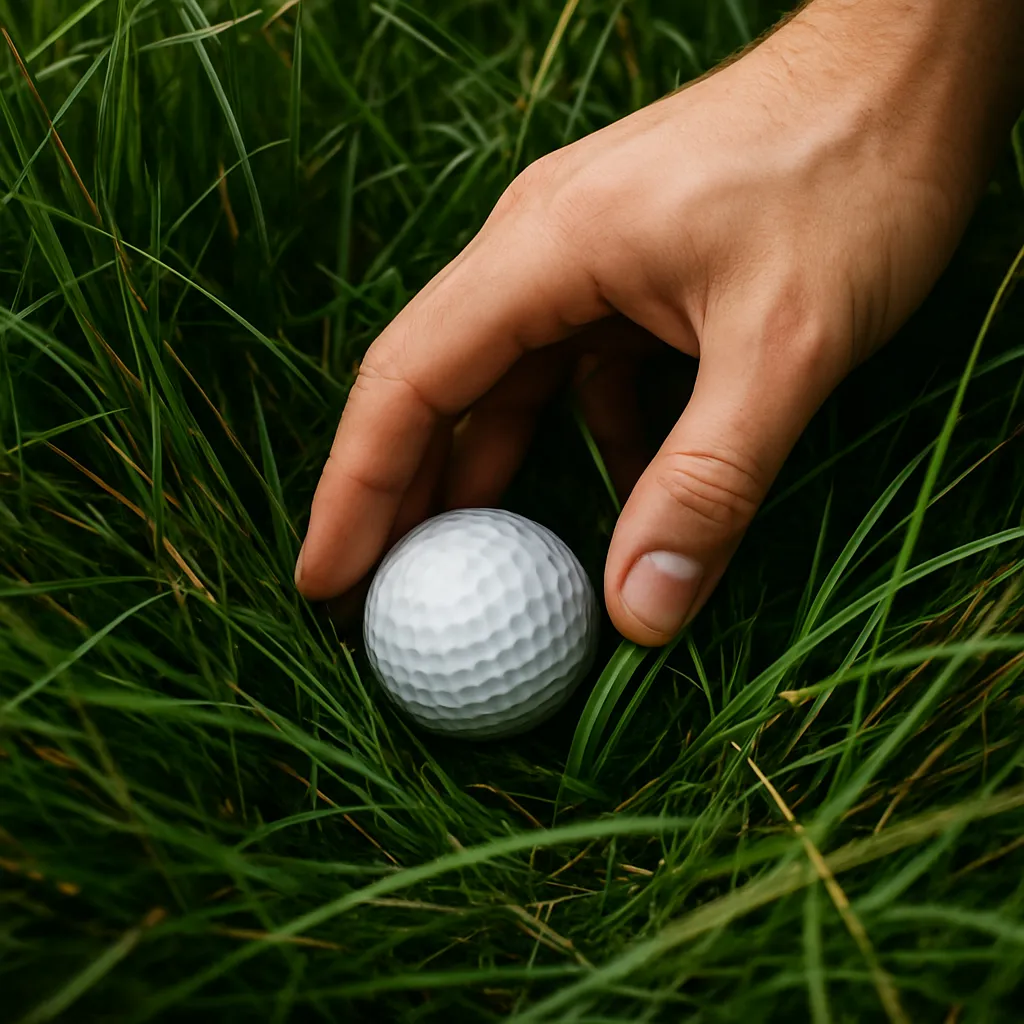 Hand reaching into deep rough to recover a lost golf ball.