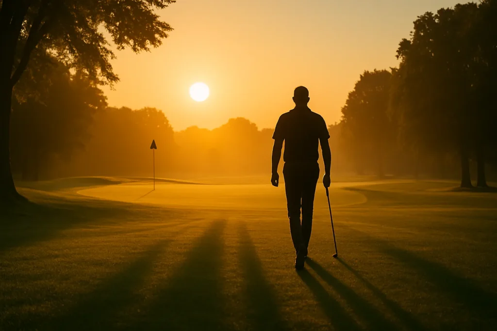 Lone golfer walking toward the green at sunrise, casting a long shadow on a quiet course. Setting the Roots of Wisdom and a path for others.