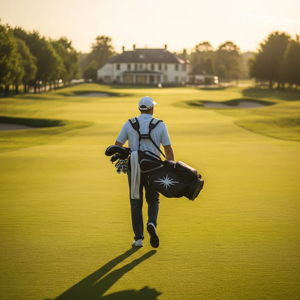 Golfer walking back toward clubhouse with purposeful stride