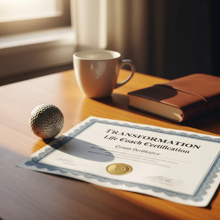 Life coach certification certificate on desk with golf ball symbolizing personal transformation journey