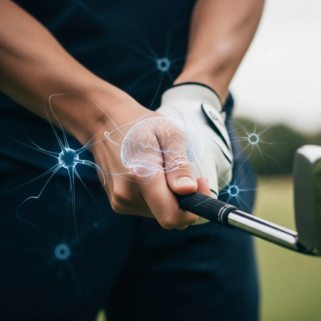 Hands on golf club with neural network overlay showing science behind transformation coaching